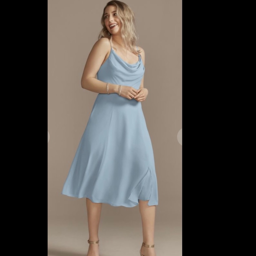 David’s Bridal bridesmaid cowl neck blue dress